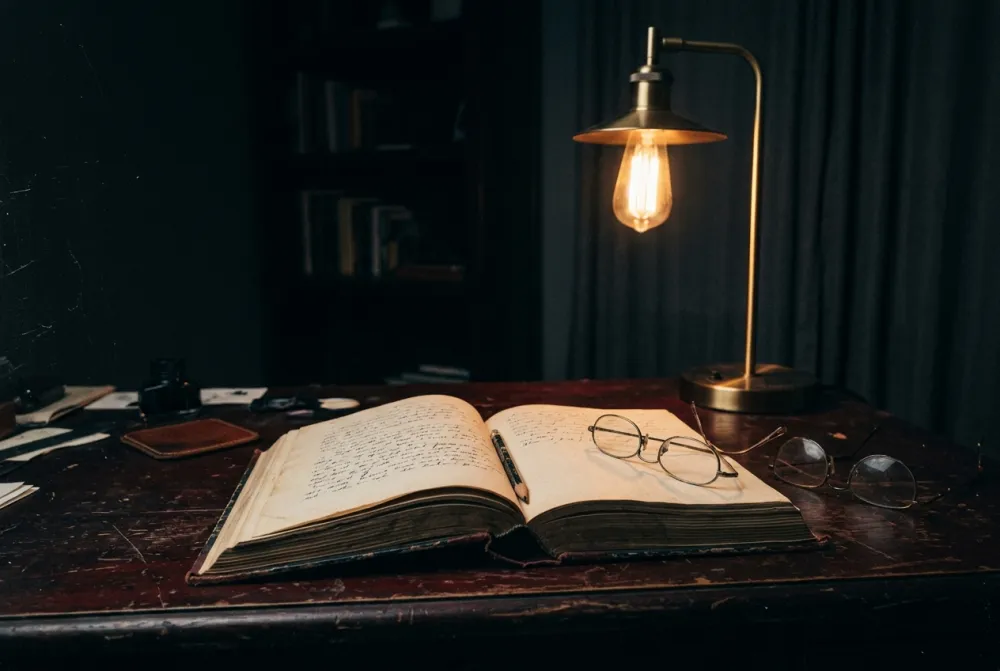 An open book under a single desk lamp late at night, reading glasses beside it.