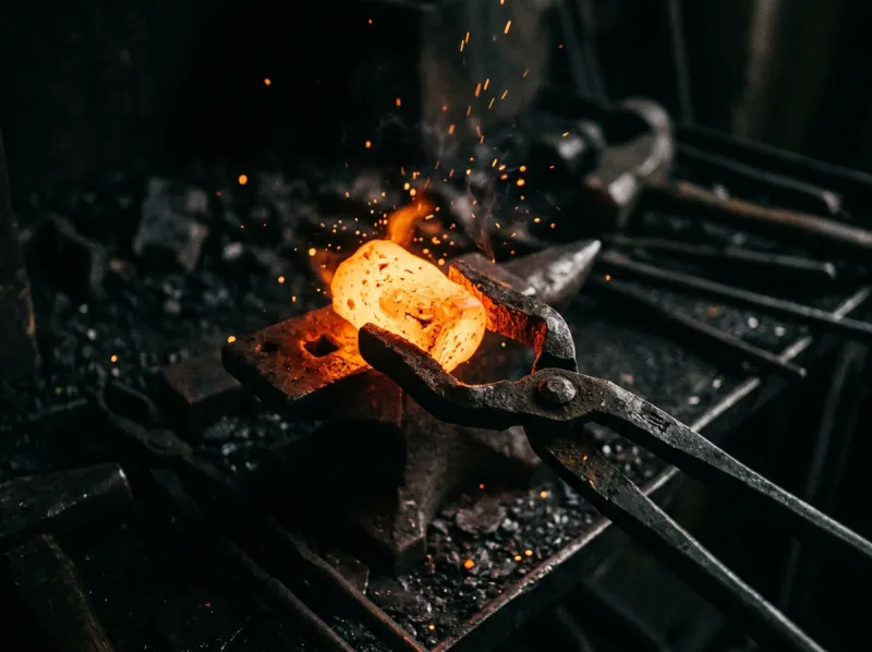 Glowing steel held in tongs against a dark background.